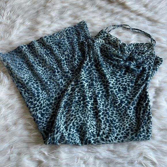 Nasty Gal Velvet Animal Print Cowl Neck Midi Slip Dress in Teal - Picture 9 of 10